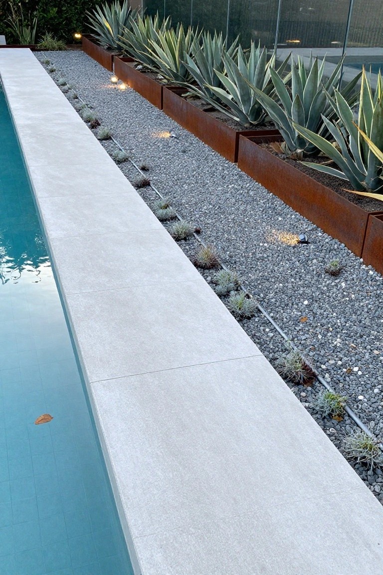 Pool edge with white stone coping, gravel ground cover planted with small succulents, and tall agave plants in rusted metal rectangular planters, lit by ground lights.