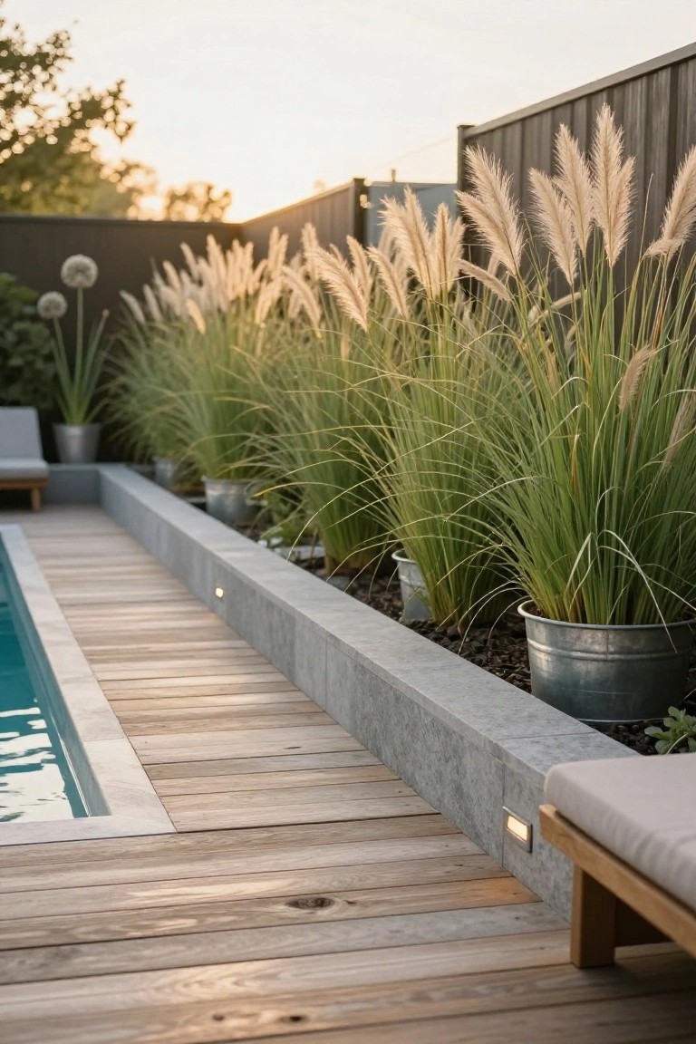Pool with concrete edge and wooden deck path lined by tall pampas grass in metal buckets and planted beds, lounge chair nearby, wooden fence and trees in background.