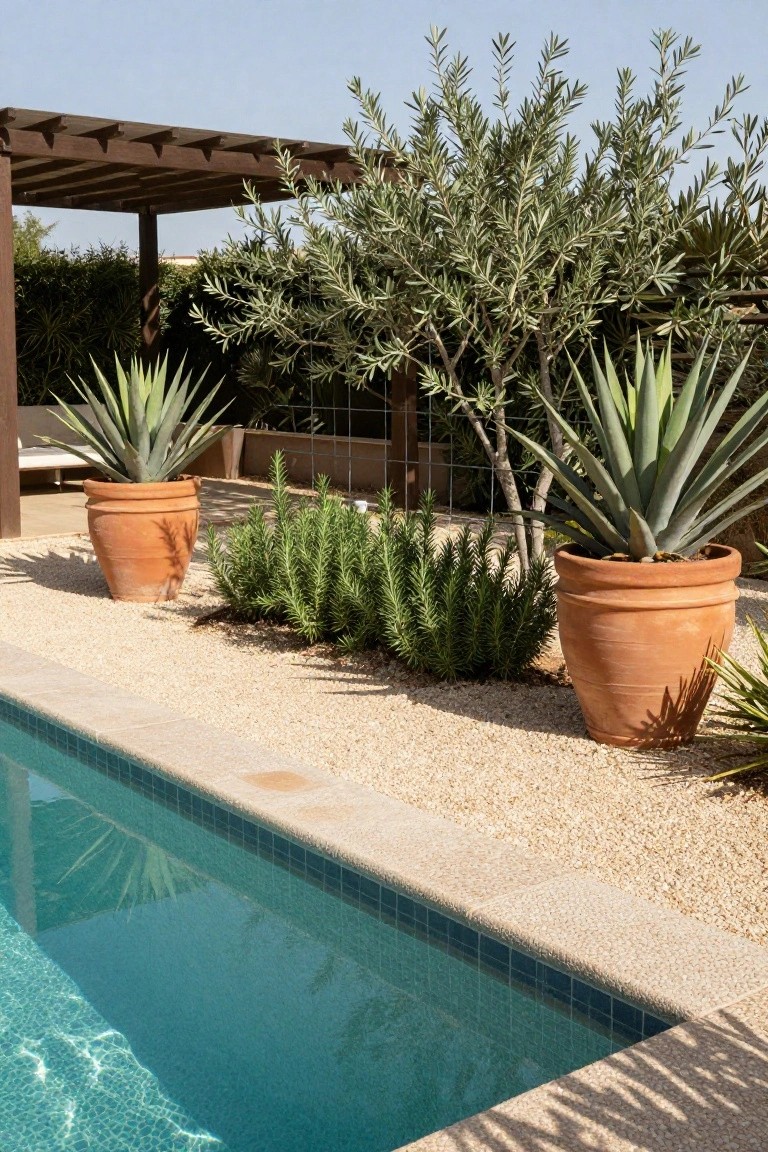 Pool edge with large terracotta pots containing agave plants, rosemary bushes in gravel ground cover, olive trees nearby, and a wooden pergola structure.