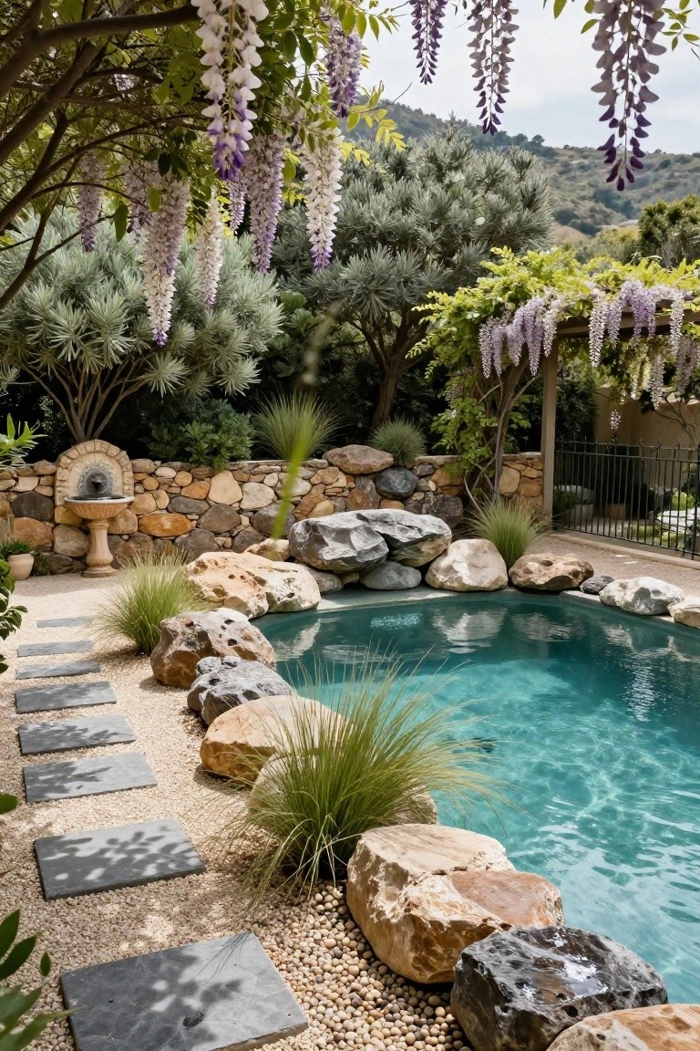 A turquoise pool edged and surrounded by large irregular boulders, with gravel ground cover, dark stone stepping stones, clumps of ornamental grasses, a stone wall fountain, and overhanging purple wisteria vines.