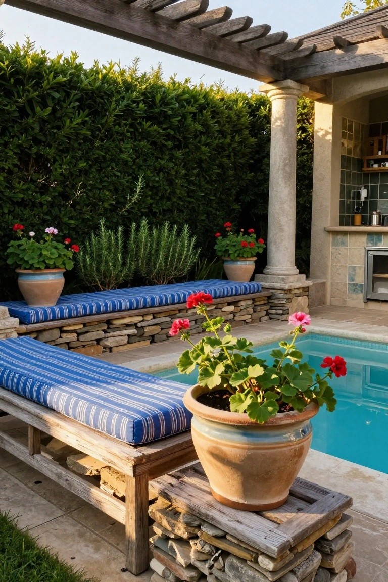 Turquoise pool edged by low stone walls with built-in wooden benches topped by blue striped cushions, flanked by large terracotta pots of pink geraniums and rosemary, wooden pergola overhead, and nearby stucco outdoor kitchen with hedges.