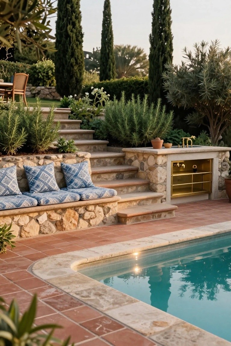 Stone steps with built-in benches topped by blue patterned cushions next to a turquoise pool, an outdoor stone sink, terracotta decking, and surrounding rosemary plants.