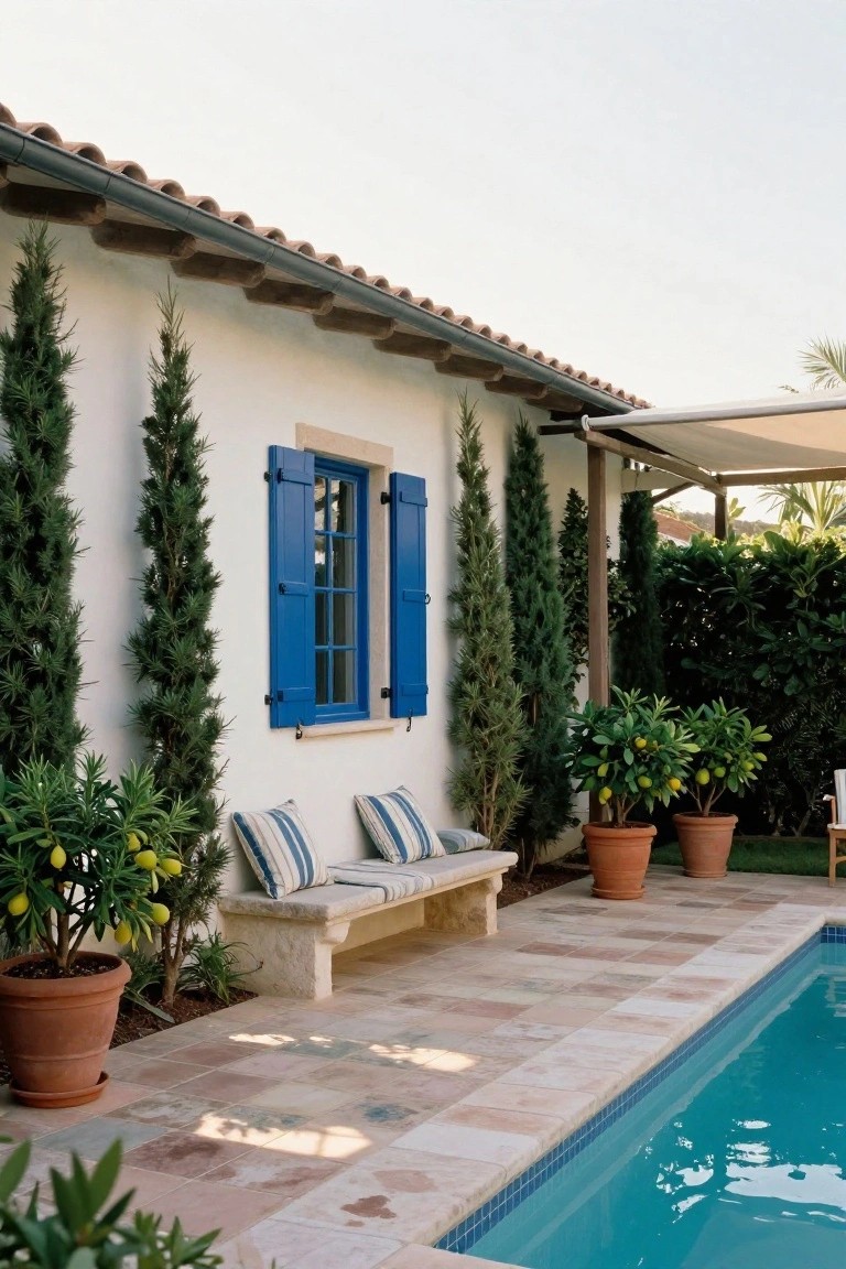 White stucco exterior wall with blue shutters above a cushioned stone bench flanked by tall cypress trees, potted lemon trees nearby, terracotta pots, and an adjacent swimming pool with tiled decking.