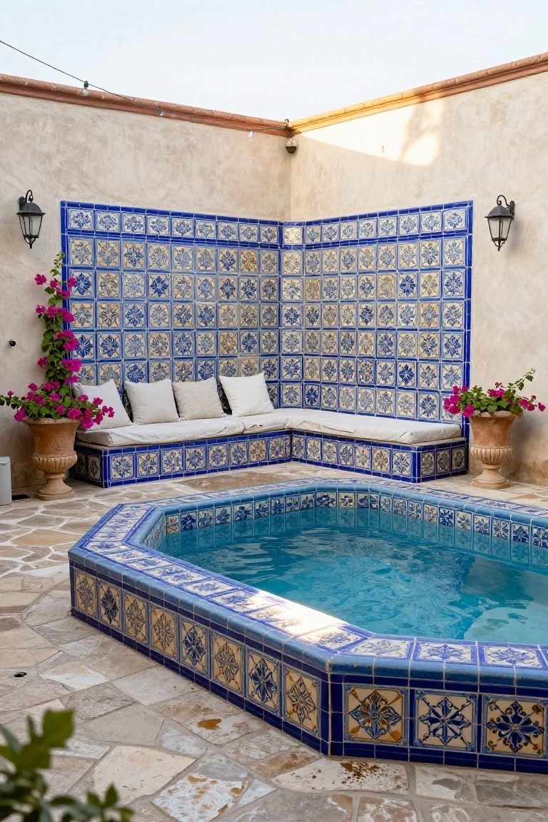 Hexagonal blue-tiled hot tub with surrounding built-in white-cushioned benches against blue-and-white patterned tiled walls, potted bougainvillea plants, and stone flooring in an outdoor corner space.