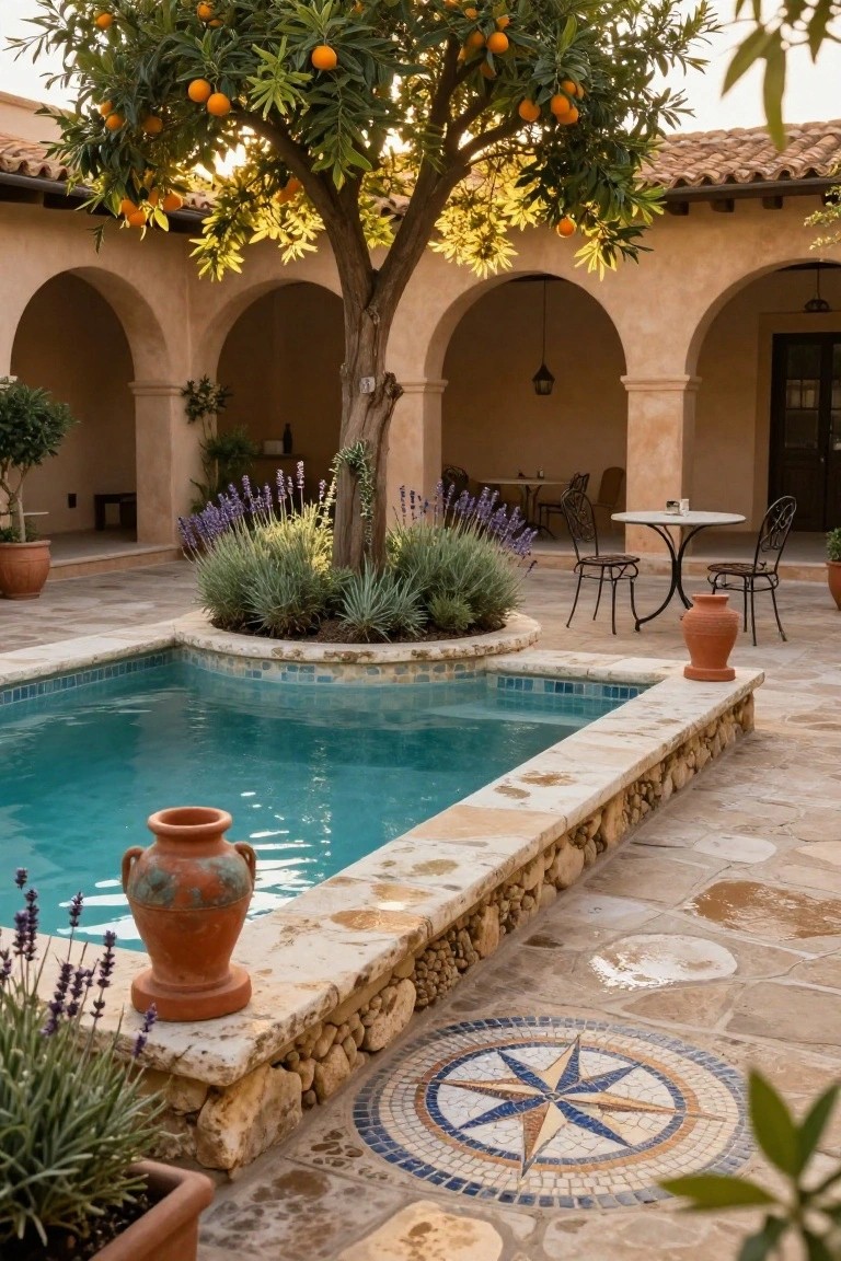 Small turquoise oval pool in a stucco courtyard with arched walkways, large orange tree bearing fruit overhanging the pool edge, lavender and agave plants, terracotta pots, bistro table and chairs, and mosaic compass design in the stone paving.