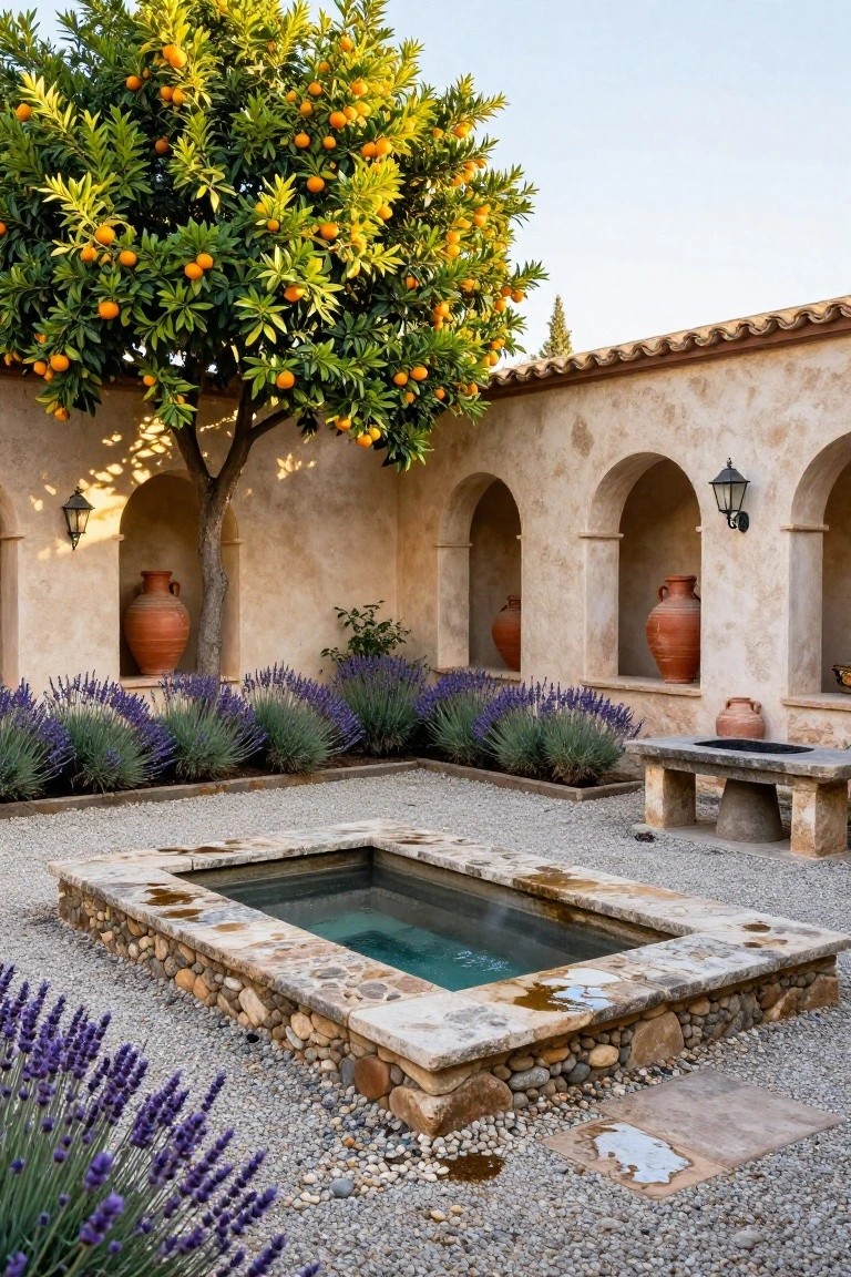 Sunlit Mediterranean courtyard with a small rectangular stone-lined pool on gravel ground, bordered by rows of lavender plants, terracotta pots in arched stucco wall niches, an orange tree, lanterns, and a stone bench.