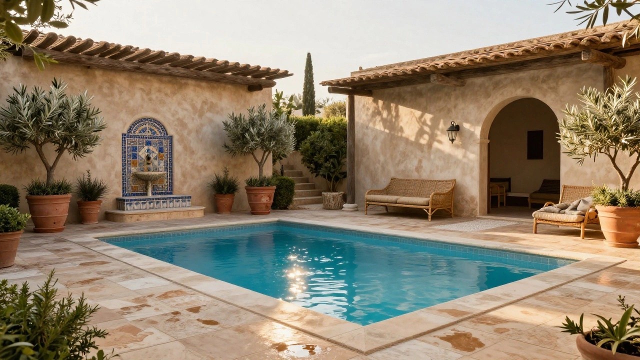 A rectangular turquoise pool edged in beige terracotta tiles in a stucco courtyard, with a rattan daybed lounge in front of a large blue and yellow tiled fountain wall flanked by potted olive trees, arched doorway, and additional potted plants.
