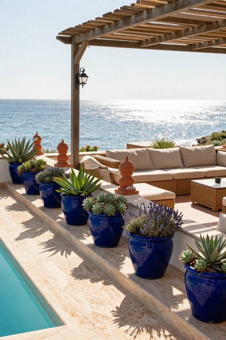 Poolside terrace with a row of large blue ceramic pots filled with agaves, succulents, and lavender lining the edge, wooden pergola shading beige wicker sofa and table, terracotta ornaments, sea view beyond.