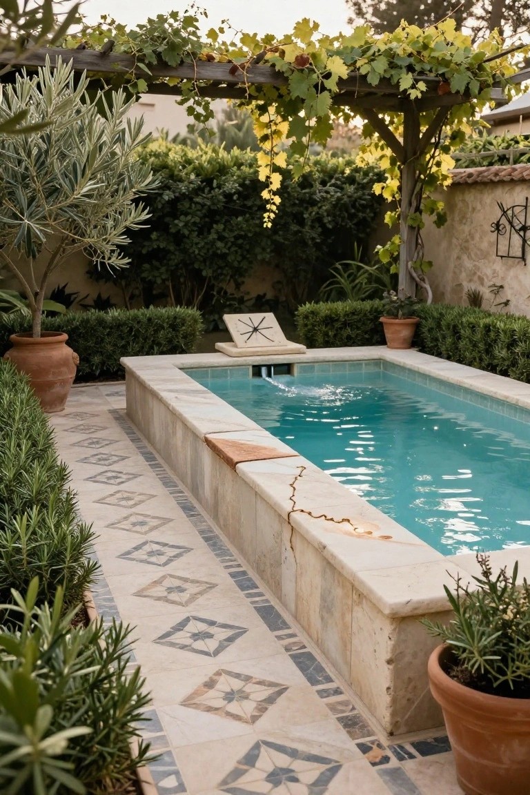 Small rectangular turquoise-tiled plunge pool with raised beige stone coping, a lounger chair positioned on the wide edge, bordered by low boxwood hedges, terracotta pots with olive trees and rosemary, a diamond-patterned tile path, and a wooden pergola draped in grapevines.