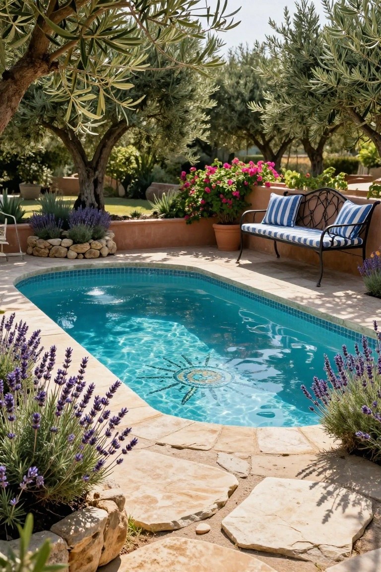 Oval turquoise pool with mosaic sun design at the bottom, edged in stone and lavender plants, next to a black wrought-iron bench with blue-striped cushions, surrounded by olive trees and garden walls.