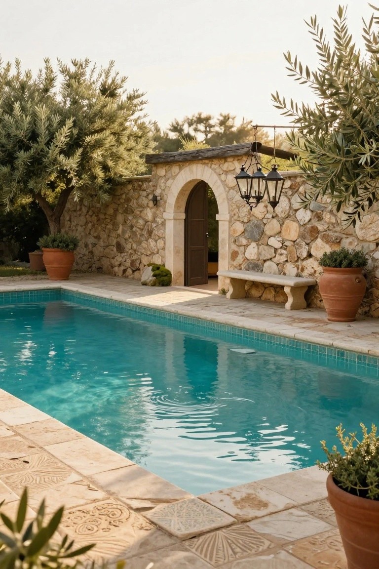 Rectangular turquoise-tiled pool with limestone deck tiles next to a textured stone wall featuring an arched brown door, hanging lanterns, a carved stone bench, large terracotta pots with plants, and nearby olive trees.