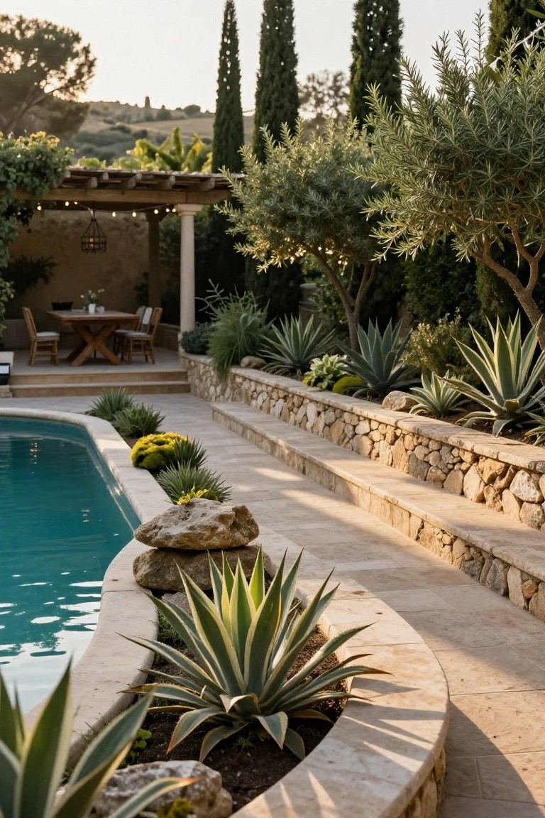Curved turquoise pool with beige stone coping and edging, bordered by low dry-stacked stone retaining walls planted with agave plants, boulders, and low shrubs, adjacent to steps leading to a pergola-covered outdoor dining area amid olive trees and cypresses.