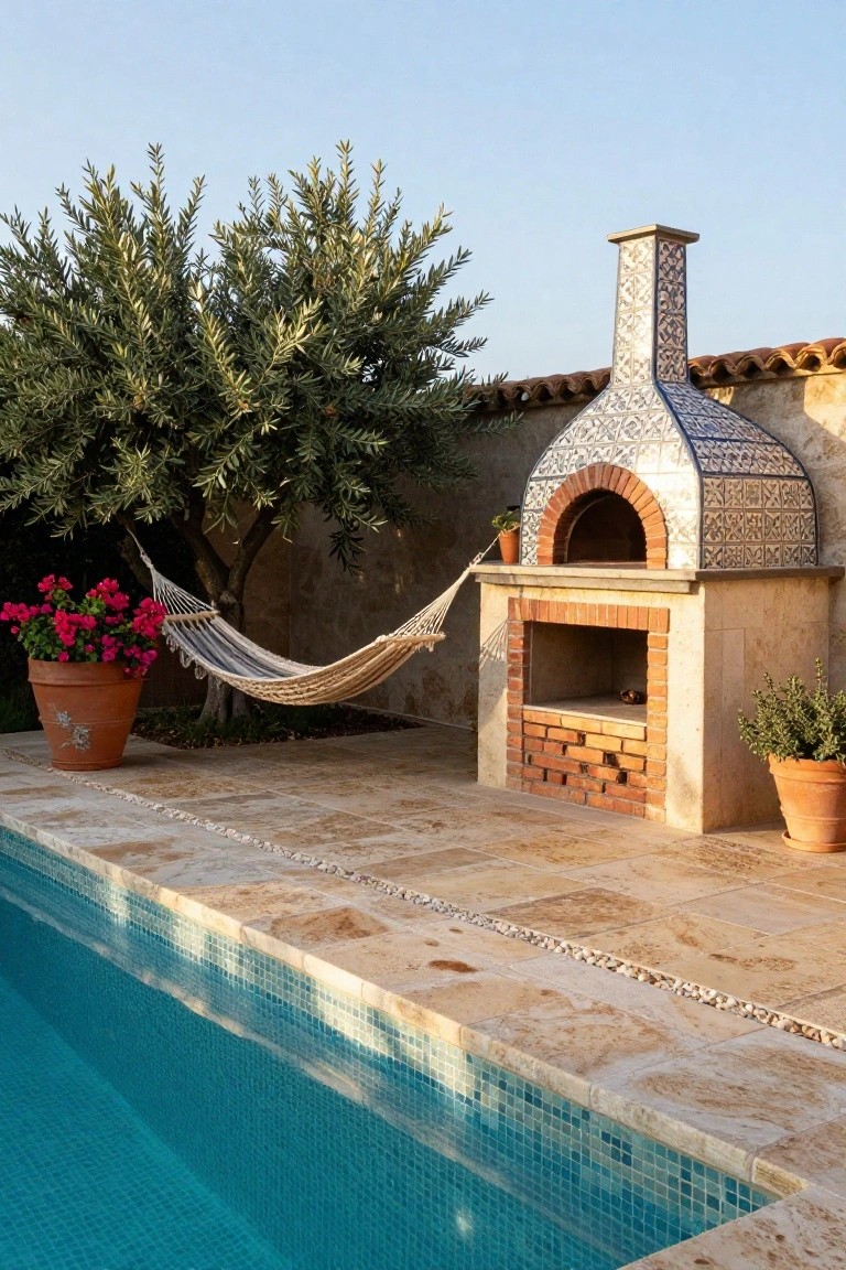 Poolside terrace with a tiled dome wood-fired oven and brick grill on a stone base, hammock under olive tree, terracotta pots of pink bougainvillea, and edge of blue mosaic pool on beige stone tiles.