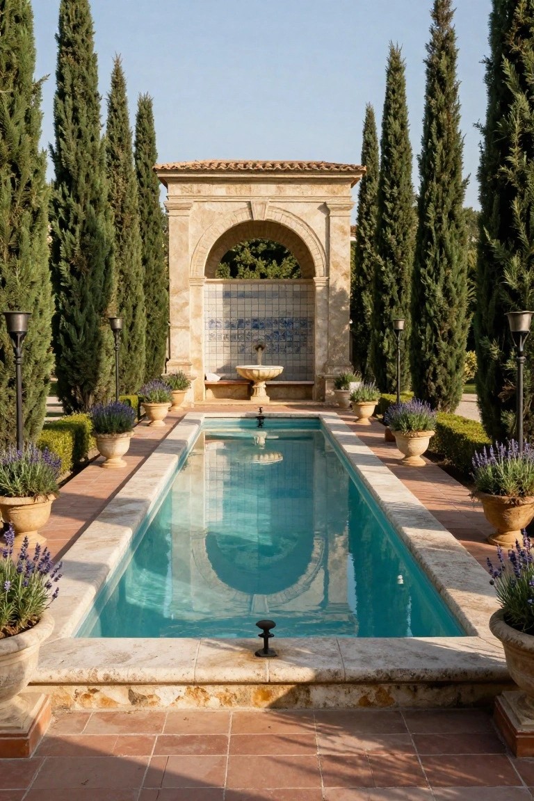 Long rectangular swimming pool with turquoise water, bordered by stone edging and large terracotta pots of lavender, flanked by tall cypress trees, a stone archway with fountain at the far end, and lanterns on pedestals.