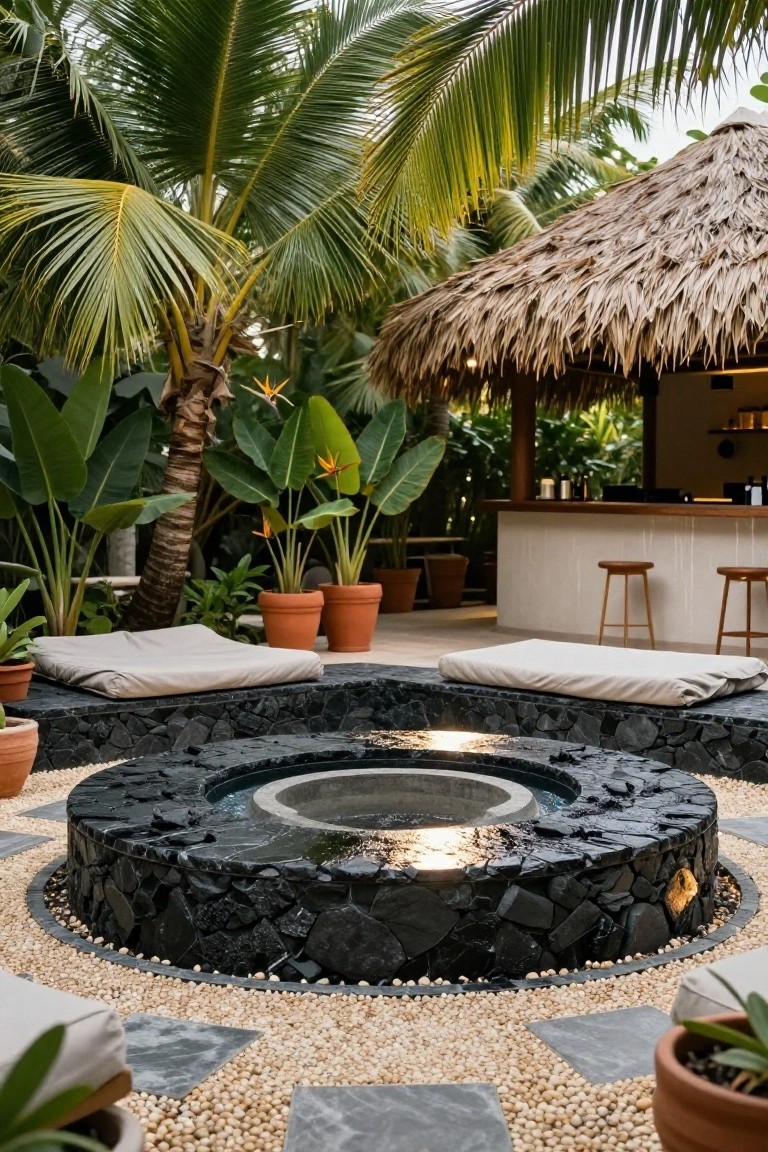 20 Elegant Pool Landscaping Design Ideas That Feel Effortless A circular black stone fire pit surrounded by beige cushions on a pebble and tile patio, with tropical plants, potted greenery, and a thatched-roof bar area in a lush garden setting.