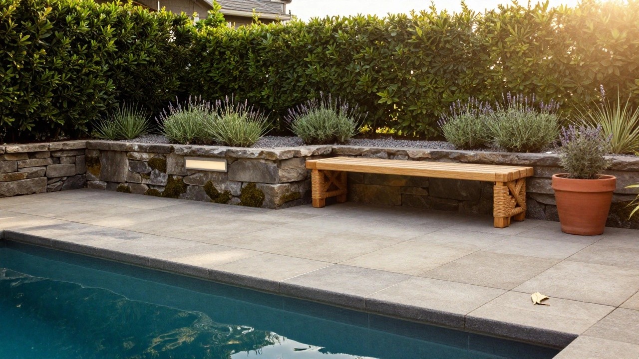 Poolside edge with gray concrete pavers, narrow gravel bed containing rosemary and lavender plants, wooden bench with integrated lighting, stone retaining wall, and dense green hedge backdrop at dusk.