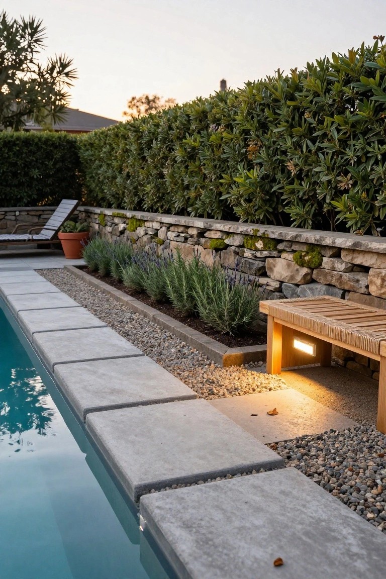 20 Elegant Pool Landscaping Design Ideas That Feel Effortless Poolside edge with gray concrete pavers, narrow gravel bed containing rosemary and lavender plants, wooden bench with integrated lighting, stone retaining wall, and dense green hedge backdrop at dusk.