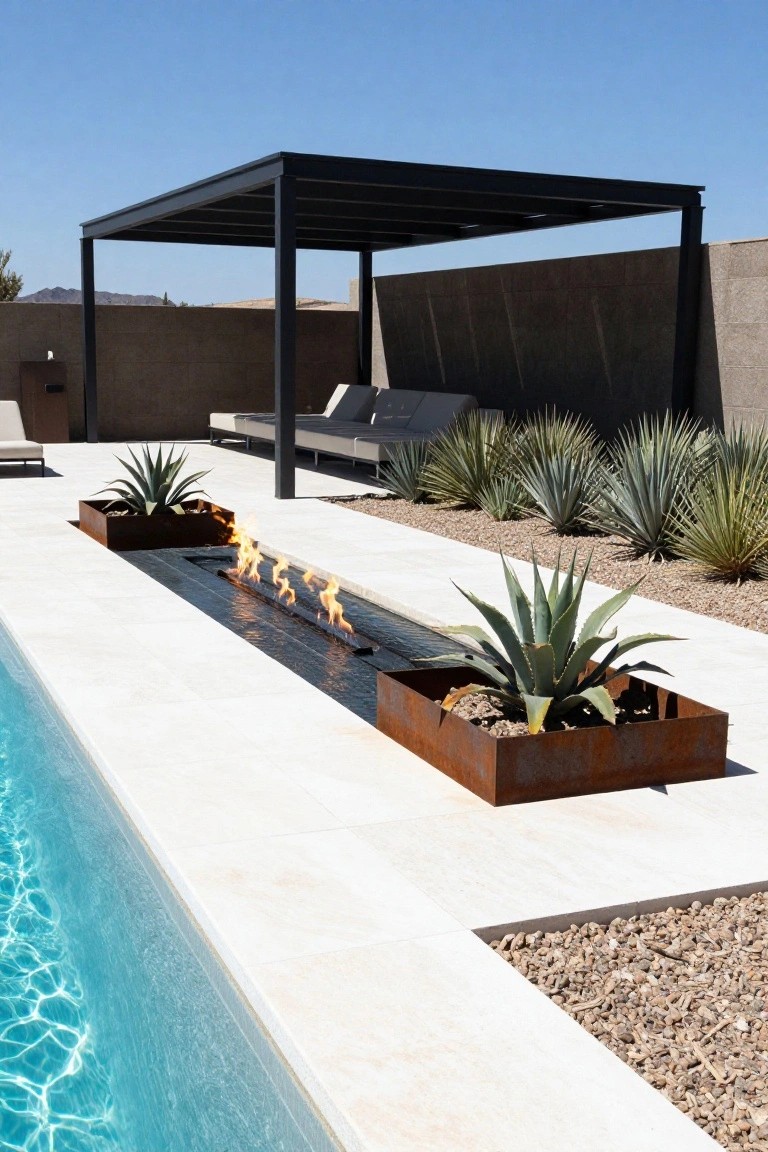 20 Elegant Pool Landscaping Design Ideas That Feel Effortless Pool deck with linear gas fire feature parallel to turquoise pool water, ends with corten steel planters holding agave plants, lounge seating under black metal pergola, agave plants and gravel landscaping beside beige block wall under blue sky.