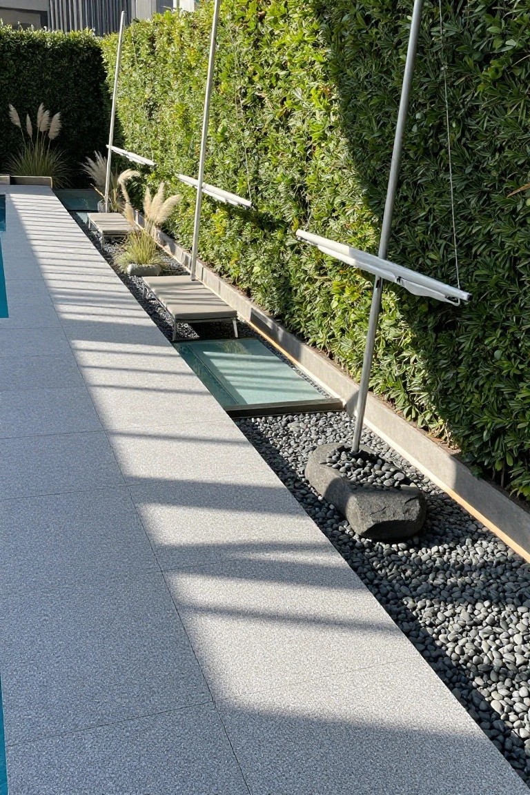 20 Elegant Pool Landscaping Design Ideas That Feel Effortless Pool deck bordering a narrow landscaped strip with black pebbles, ornamental grasses, a large dark rock, a glass grating, and tall clipped green hedges on vertical metal poles and horizontal frames.