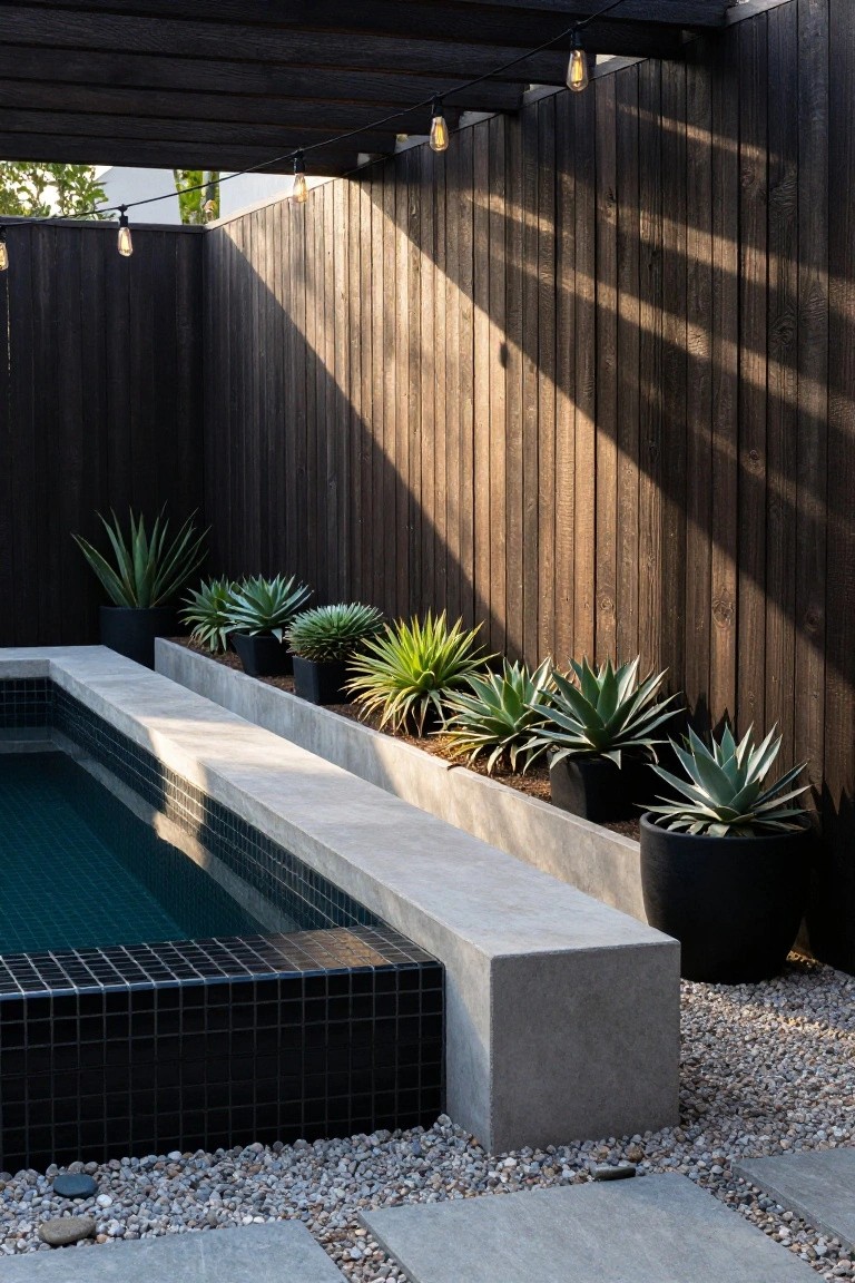 20 Elegant Pool Landscaping Design Ideas That Feel Effortless Small rectangular pool with black mosaic tiles and raised concrete edging planted with multiple agave succulents in black pots, against a tall dark wooden fence under a pergola with string lights, surrounded by pebbles and stone pavers.