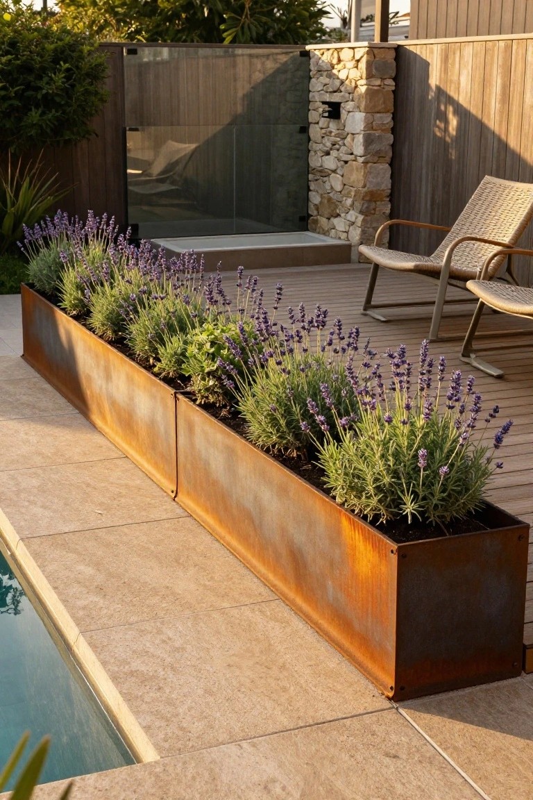 20 Elegant Pool Landscaping Design Ideas That Feel Effortless Long rectangular corten steel planters filled with lavender and herbs line the edge of a swimming pool on a tiled deck, with wooden lounge chairs nearby and a glass fence enclosing the pool area.