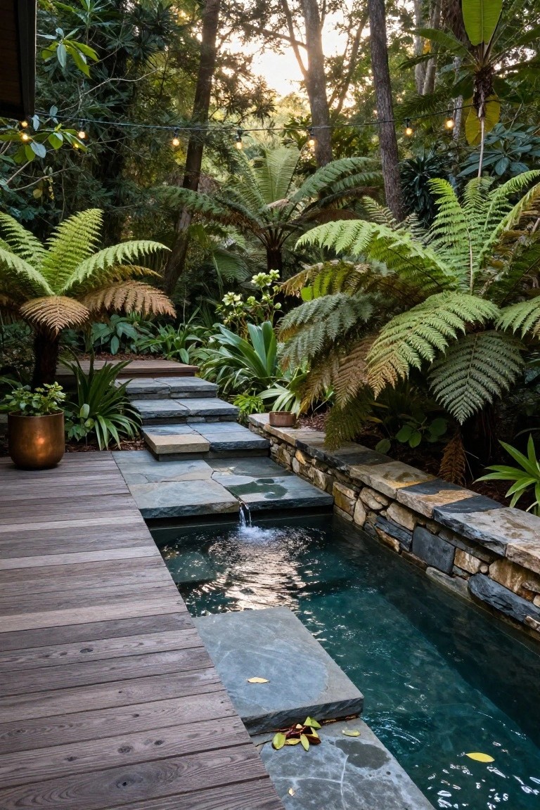 20 Elegant Pool Landscaping Design Ideas That Feel Effortless Narrow turquoise pool with a small waterfall feature, bordered by natural stone walls and slate steps, surrounded by dense ferns and tropical plants next to a wooden deck in a wooded garden.