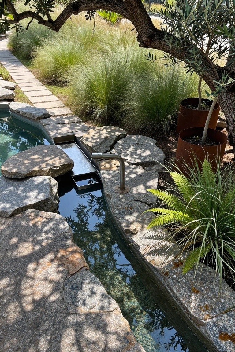 20 Elegant Pool Landscaping Design Ideas That Feel Effortless Narrow turquoise pool with irregular gray stone slabs along the edges, surrounded by tall green grasses, ferns, potted trees in rusted metal containers, an overhanging olive tree, and a stone path nearby.