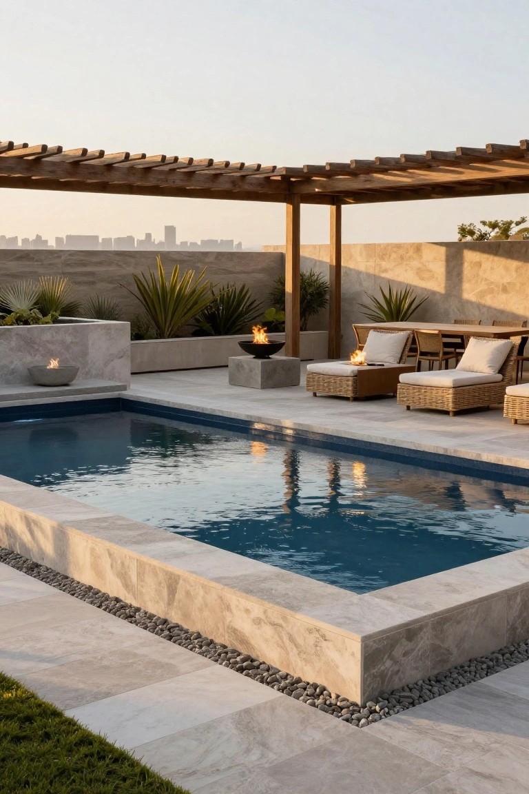 20 Elegant Pool Landscaping Design Ideas That Feel Effortless Rooftop rectangular pool with dark blue water surrounded by light gray travertine decking and pebble edging, rattan lounge chairs and dining table under wooden pergola, concrete fire bowls, potted plants, stone walls, and distant city skyline at sunset.