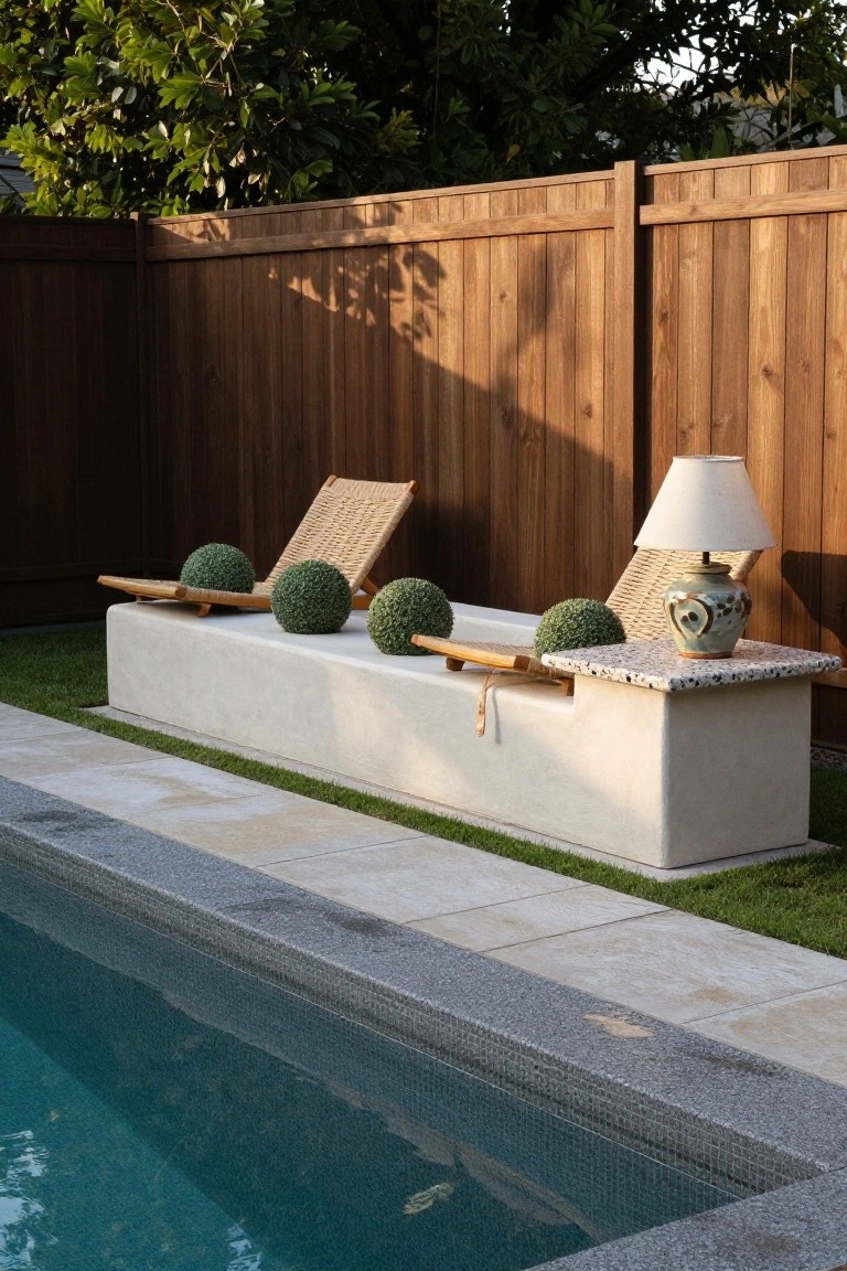 20 Elegant Pool Landscaping Design Ideas That Feel Effortless Low rectangular beige stone bench next to a pool edge holding two woven reclining chairs, green topiary balls, wooden elements, and a side table with lamp and vase, backed by wooden fence and greenery.