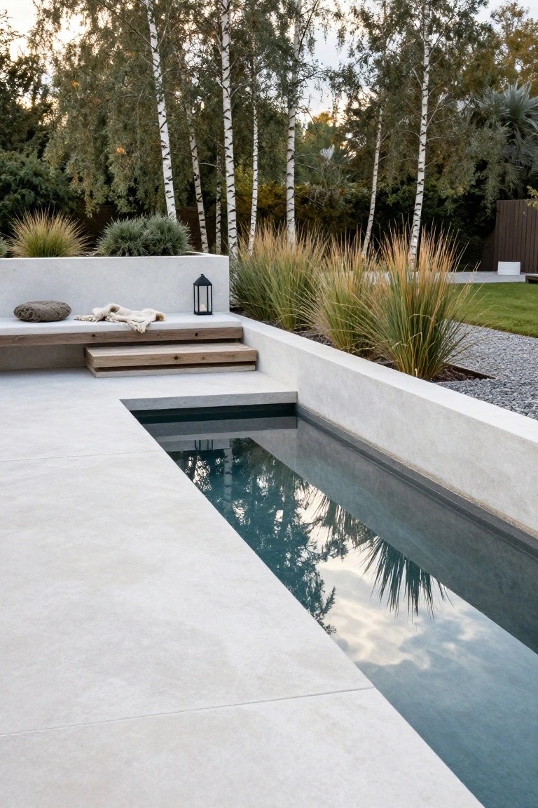 20 Elegant Pool Landscaping Design Ideas That Feel Effortless A narrow rectangular pool flush with a white concrete deck, featuring a built-in wooden bench platform with steps, a gray cushion, white throw blanket, metal lantern, potted grasses, and birch trees in the background.