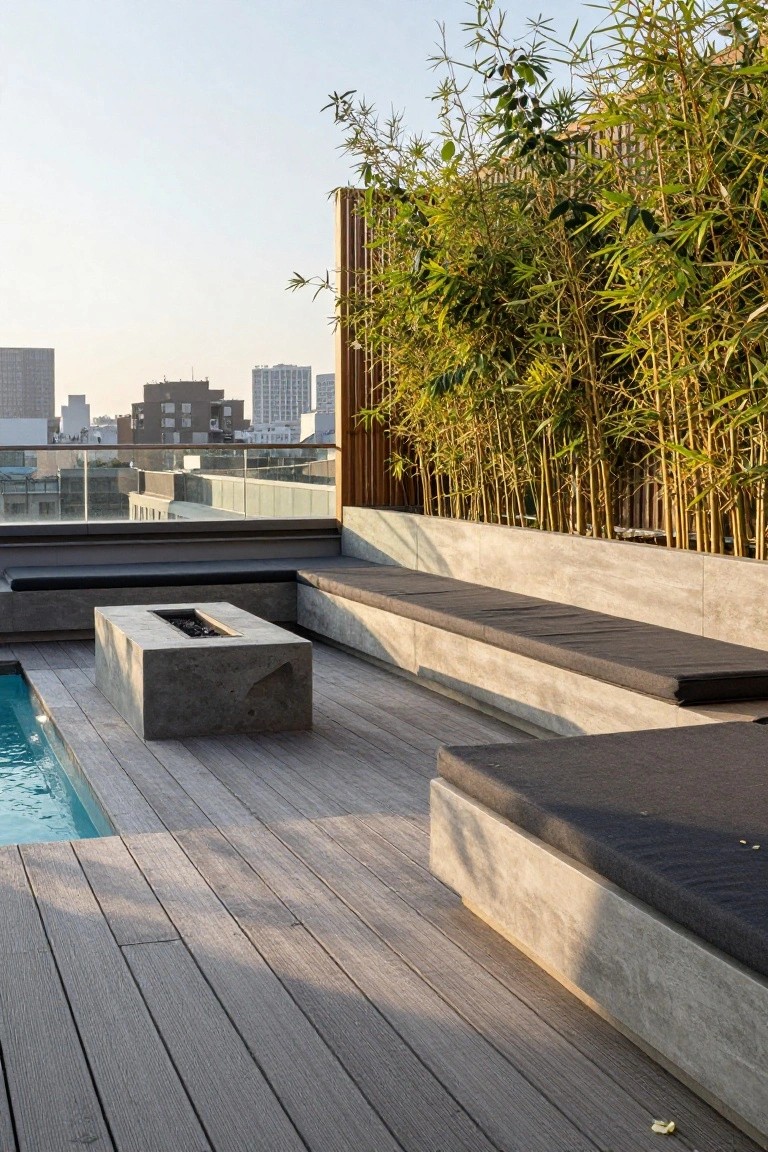 20 Elegant Pool Landscaping Design Ideas That Feel Effortless Rooftop deck with infinity-edge pool, linear concrete fire pit table, built-in concrete benches topped with black cushions, gray wood decking, and tall bamboo screen against city skyline at dusk.
