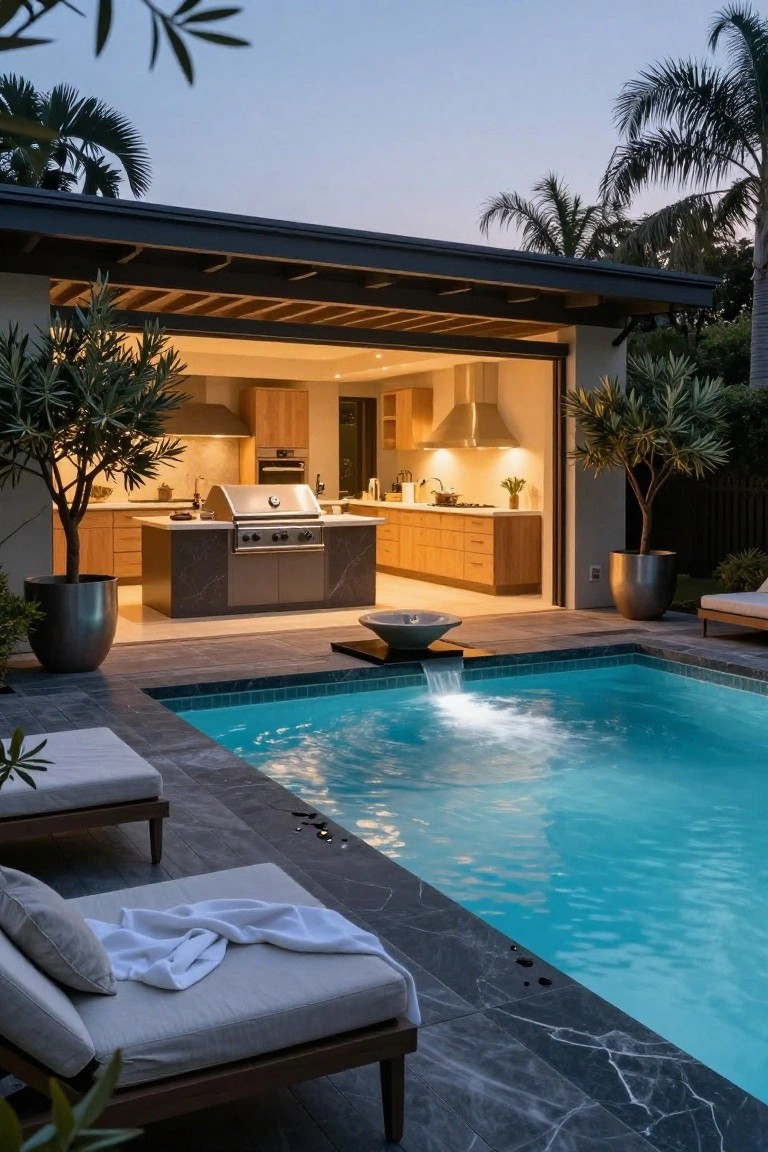 20 Elegant Pool Landscaping Design Ideas That Feel Effortless Open modern kitchen with wooden cabinets and built-in grill extending outdoors to a pool edge with black tiled deck, lounge chairs, potted plants, and water fountain feature at dusk.