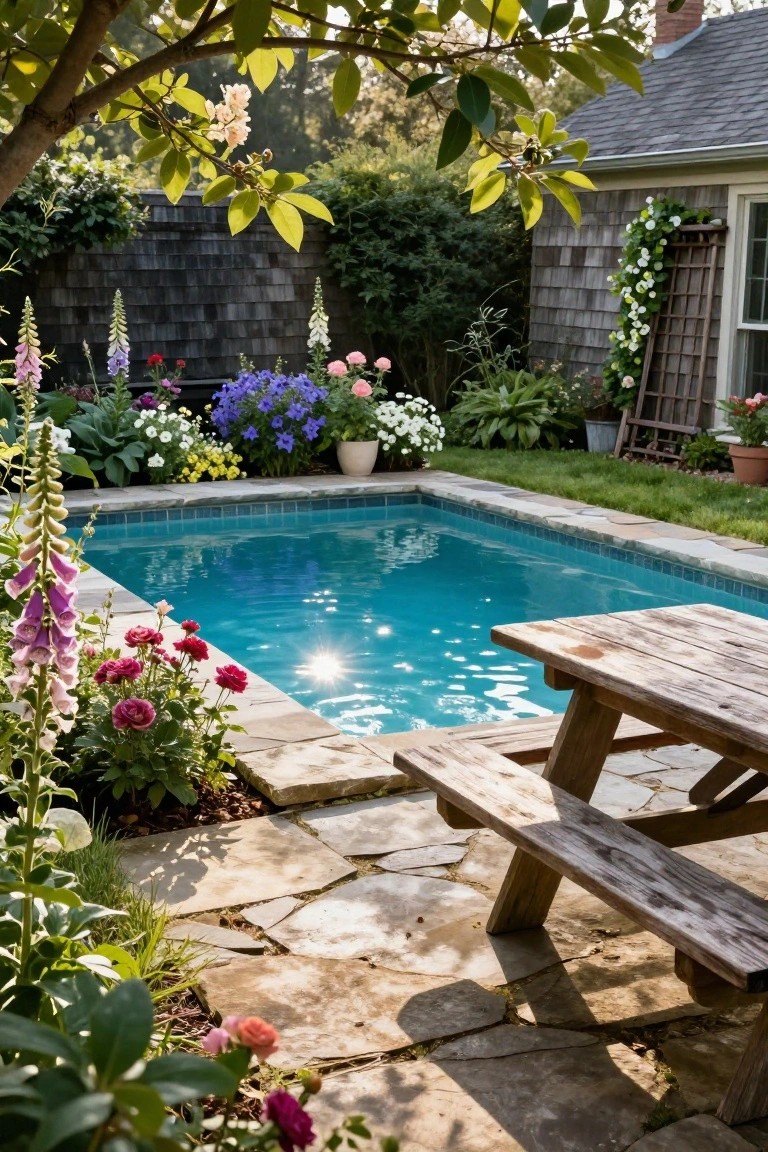 20 Elegant Pool Landscaping Design Ideas That Feel Effortless Small rectangular pool with turquoise water edged in blue tiles, surrounded by tall pink foxgloves, purple delphiniums, pink roses, and other flowering plants, wooden picnic table on flagstone pavers nearby, shingled house and garden fence in background.