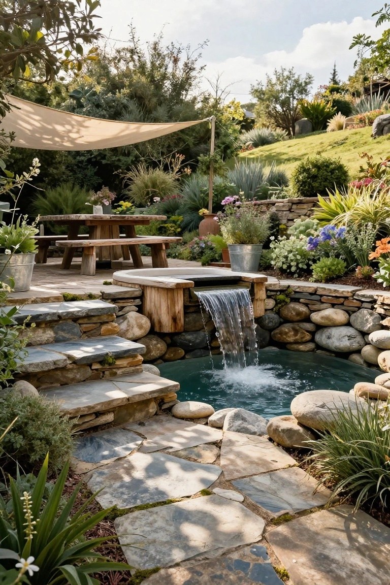 20 Elegant Pool Landscaping Design Ideas That Feel Effortless Small turquoise plunge pool with wooden waterfall feature spilling into it, surrounded by large rocks and stones, stone steps leading to a wooden picnic table and benches under a beige shade sail, amid various drought-tolerant plants and greenery.