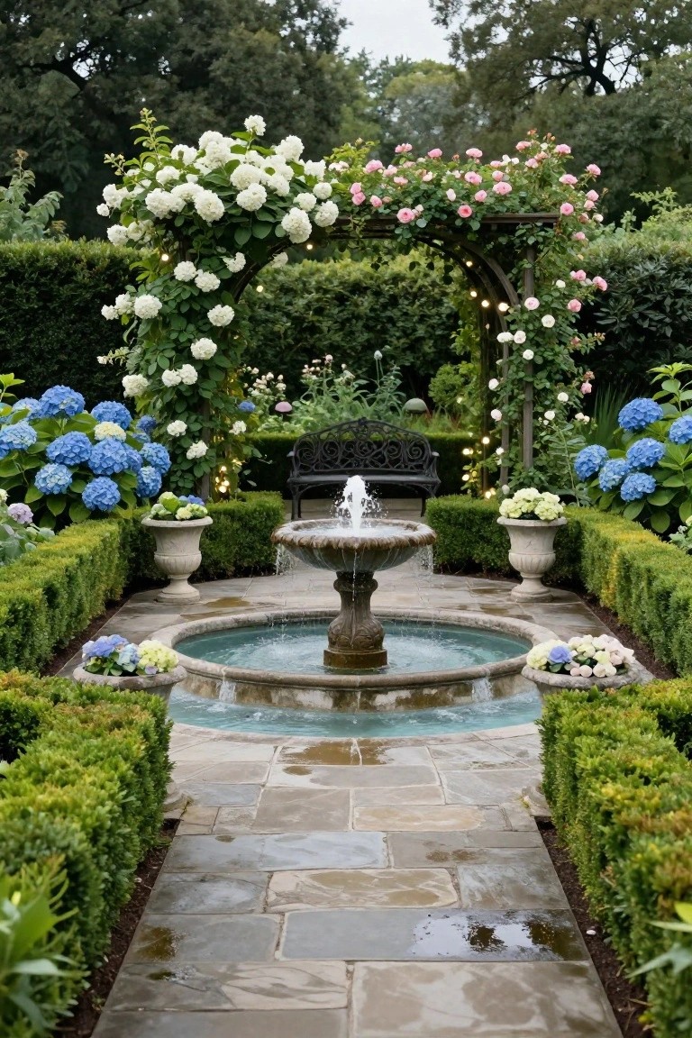 20 Elegant Pool Landscaping Design Ideas That Feel Effortless Formal garden with a central circular stone fountain surrounded by boxwood hedges, hydrangea bushes, potted plants, a wrought iron bench, and an arched pergola covered in white and pink climbing flowers, viewed along a wet stone path.