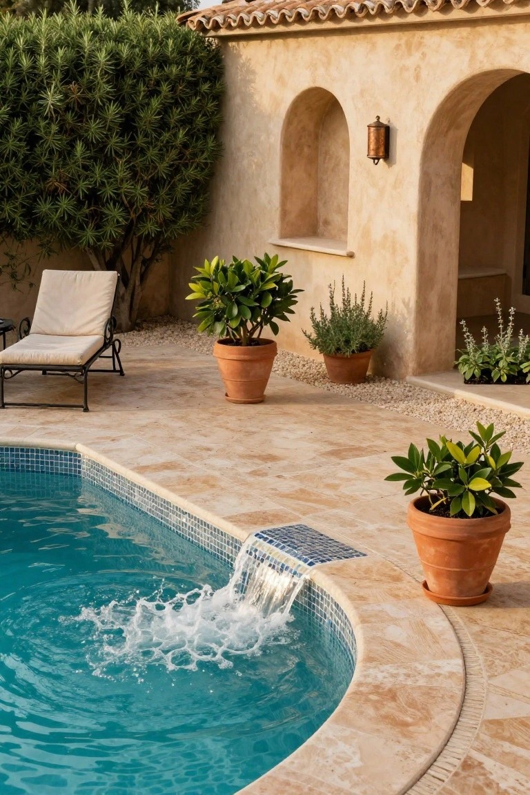 20 Elegant Pool Landscaping Design Ideas That Feel Effortless Curved turquoise pool with blue mosaic tile waterfall edge pouring water into the pool, surrounded by terracotta pots of green plants on beige stone patio tiles next to stucco house wall with arches, lounge chair, and shrubs.