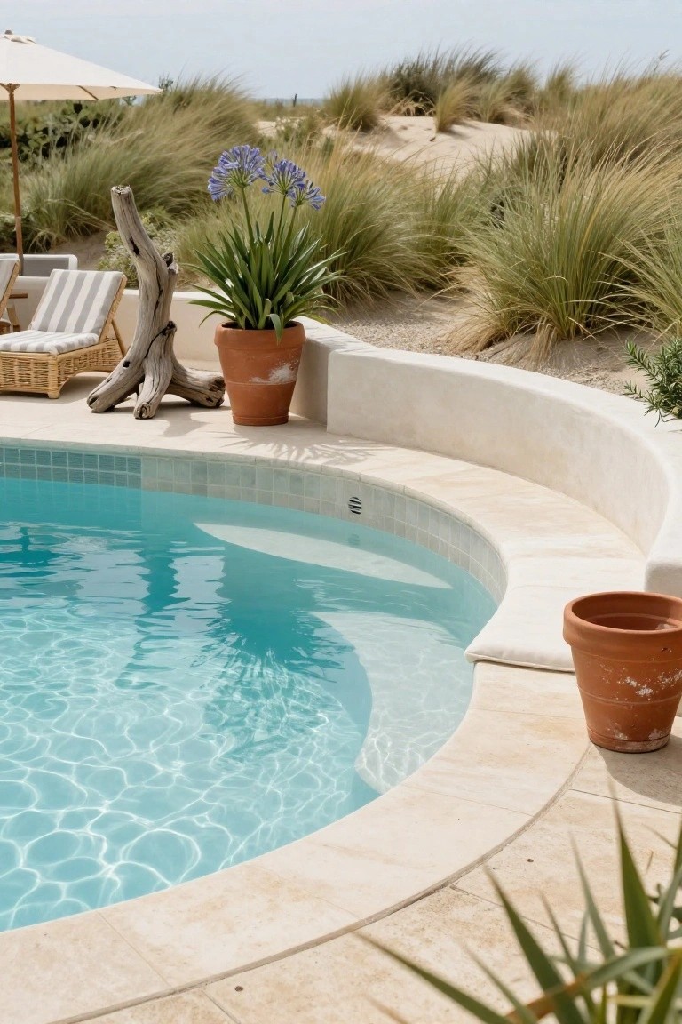 20 Elegant Pool Landscaping Design Ideas That Feel Effortless Curved turquoise pool with white-tiled edge and surrounding terracotta pots holding agapanthus plants, lounge chairs, driftwood, and beach dunes in the background.