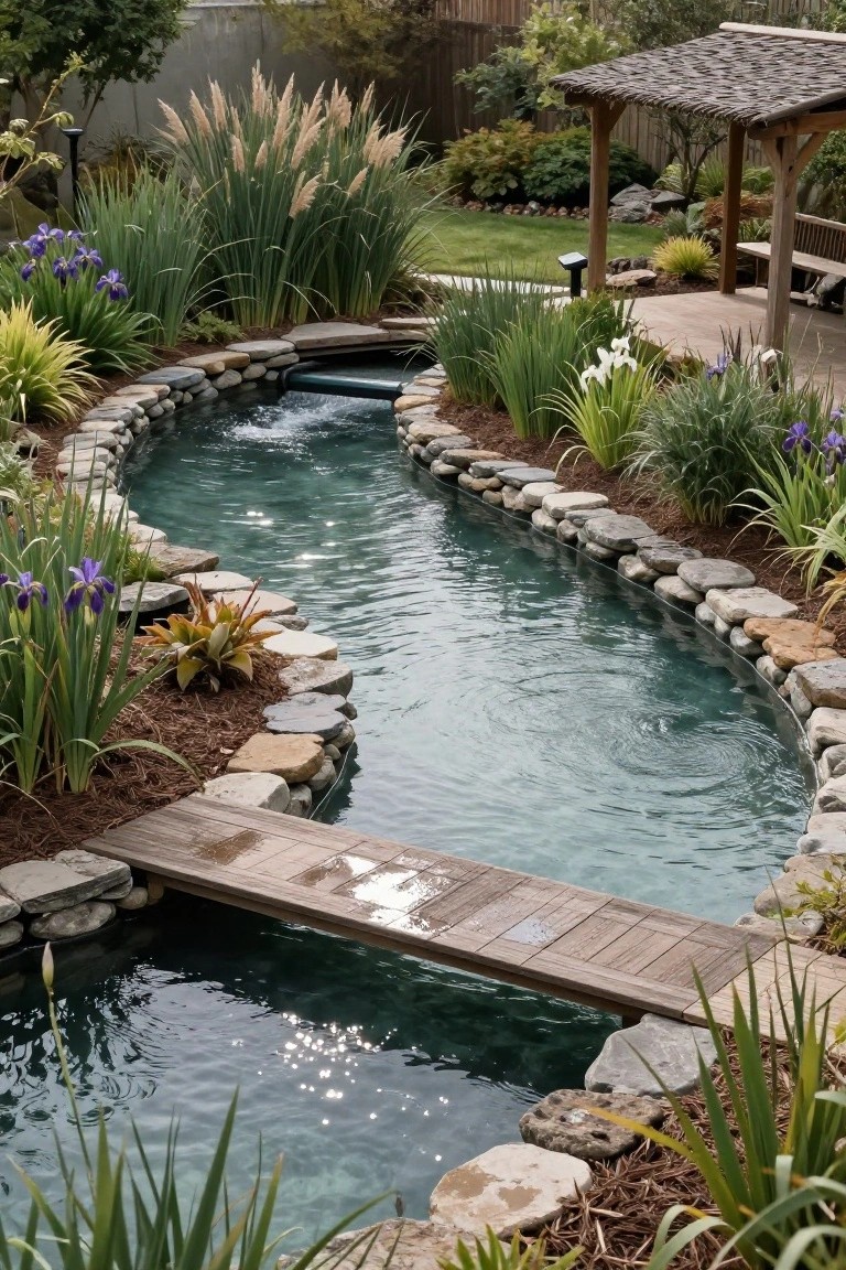 20 Elegant Pool Landscaping Design Ideas That Feel Effortless A turquoise stream winds through a garden lined with natural stones and plants including irises and grasses, crossed by a wooden footbridge, with a gazebo nearby.