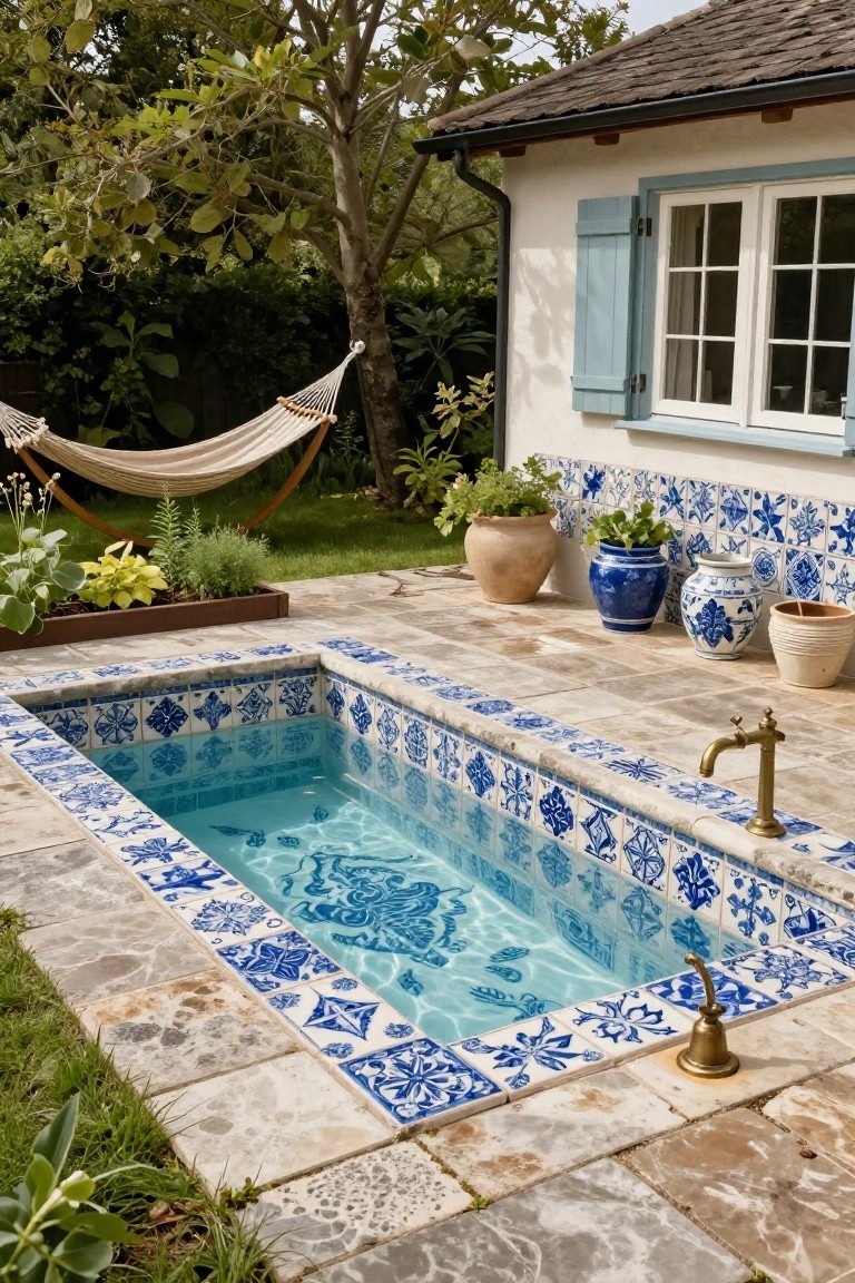 Small rectangular turquoise plunge pool with intricate blue patterned tile waterline on stone patio, next to white house wall with blue shutters, potted plants, hammock, and greenery.