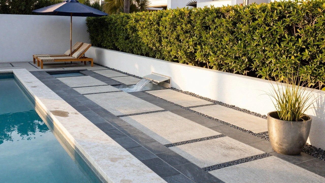 Pool edge featuring dark gray slate tiles at the waterline contrasting with light beige deck tiles, two rattan lounge chairs under a market umbrella, a metal potted yucca plant, white wall, and green hedge backdrop.