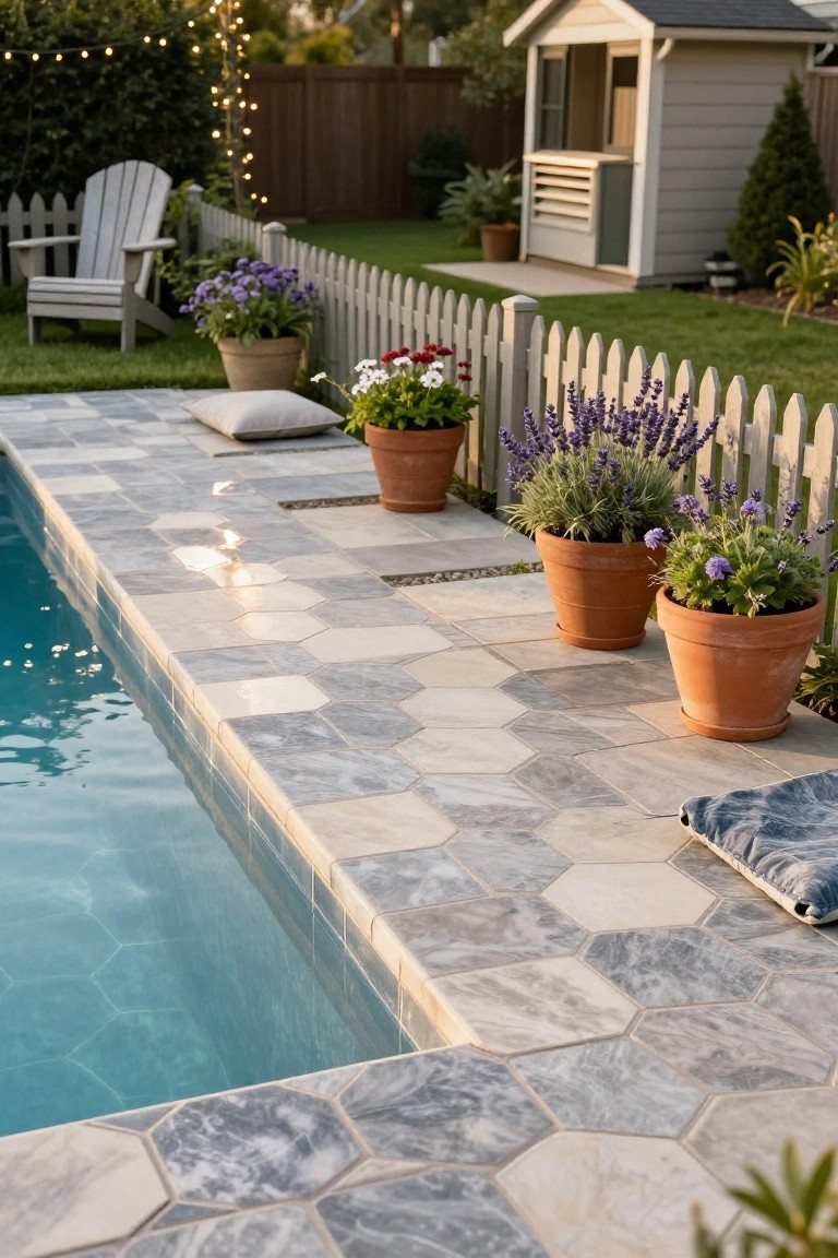 Swimming pool edge tiled in light gray hexagonal porcelain or stone tiles, with terracotta pots of purple flowers and green pillows on the deck beside a white picket fence.