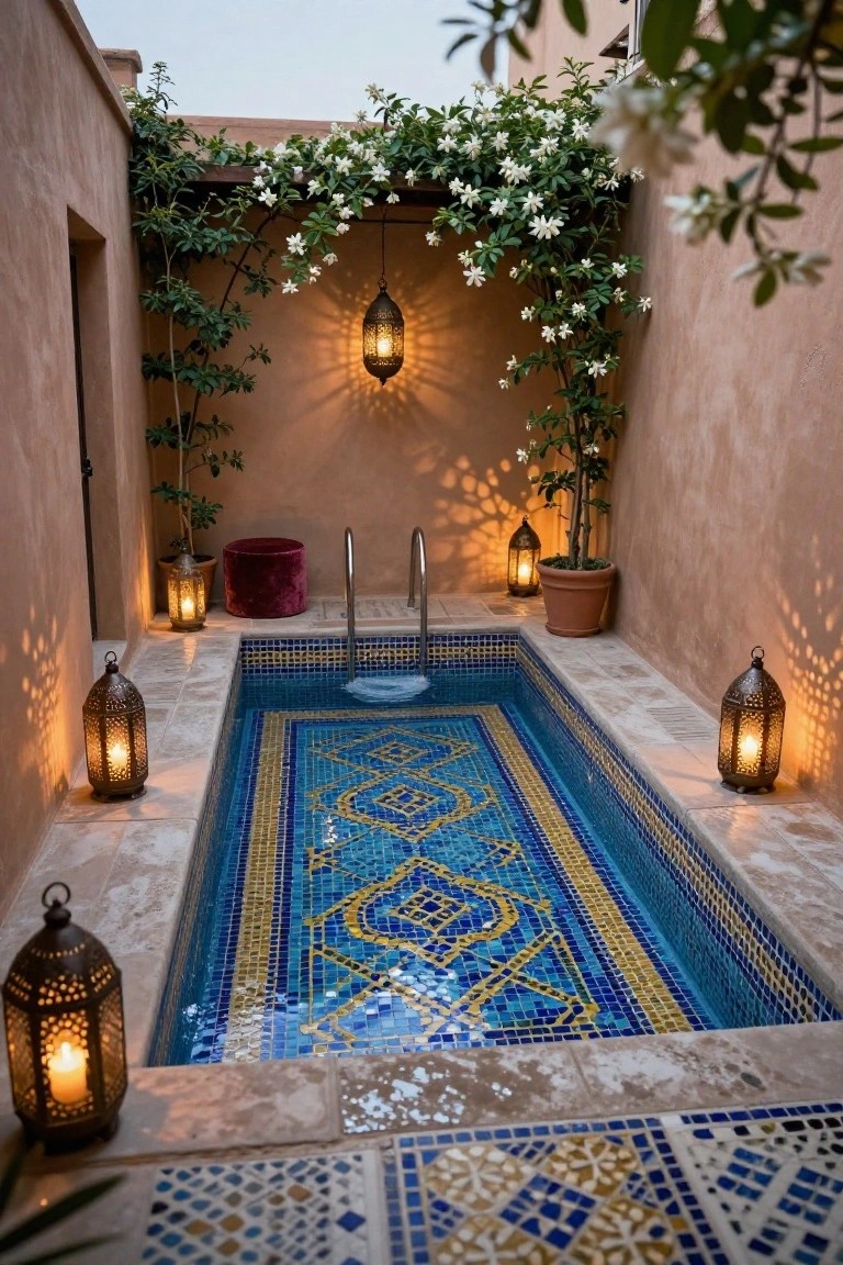 Small rectangular pool with blue and gold geometric mosaic tiles at the waterline, set in a terracotta-walled courtyard with hanging lanterns, potted plants, climbing vines, and a red stool nearby at evening light.