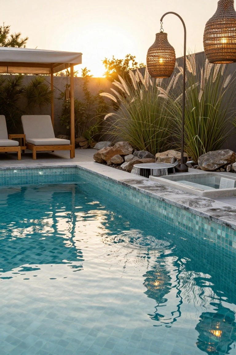 Turquoise mosaic-tiled pool edge with clear water, wooden loungers under pergola, pampas grass, rocks, and hanging lanterns at sunset.