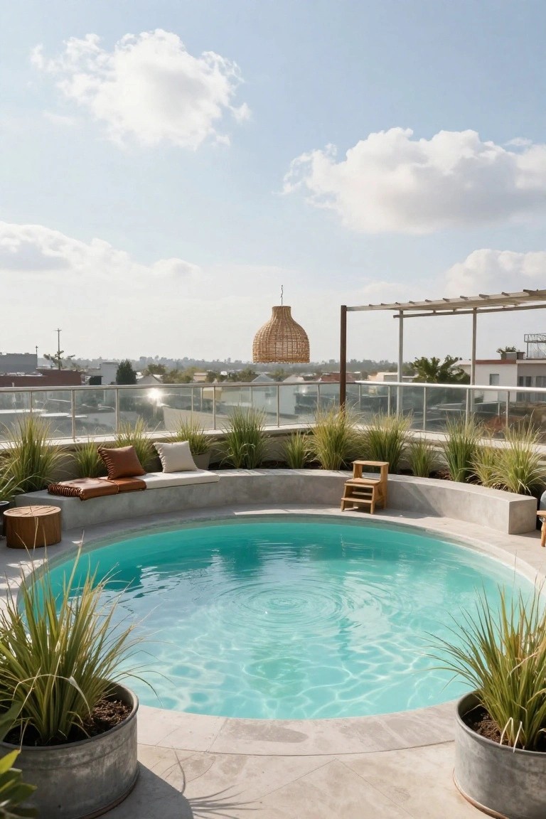 Rooftop terrace with turquoise curved pool surrounded by concrete bench seating with cushions, potted grasses, wooden stool, glass railing, pergola, and hanging lantern over cityscape.