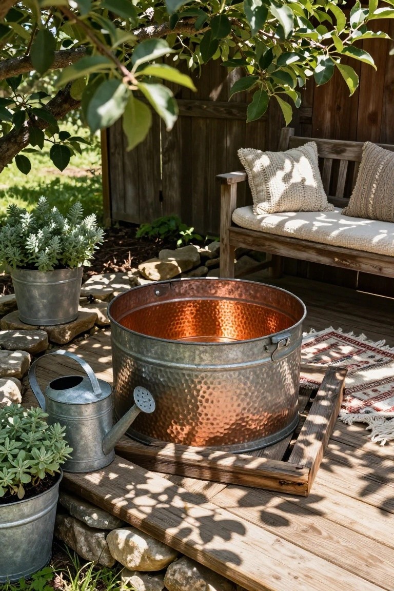 Galvanized stock tank with hammered copper interior used as a pool on a wooden deck, surrounded by potted plants in metal buckets, a watering can, stone borders, a cushioned wooden bench, and a woven rug near a fence.