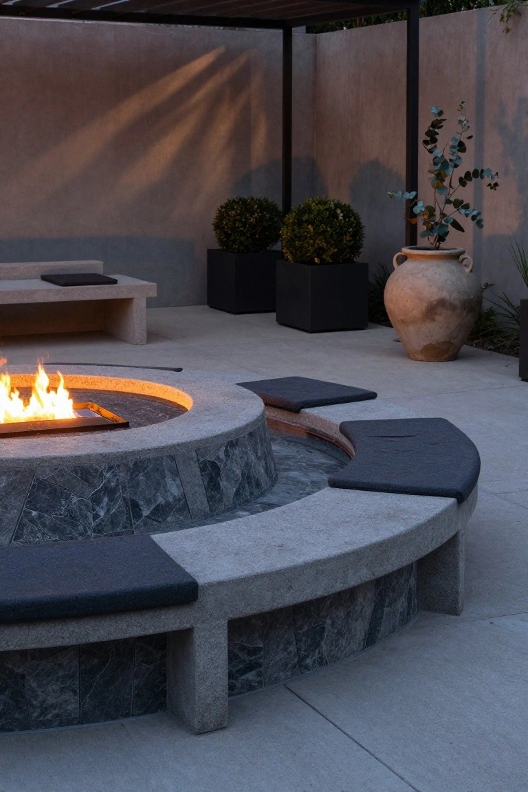 Circular built-in gas fire pit with gray stone surround and curved concrete bench topped with black cushions, set in an outdoor patio under a metal pergola with potted plants nearby.