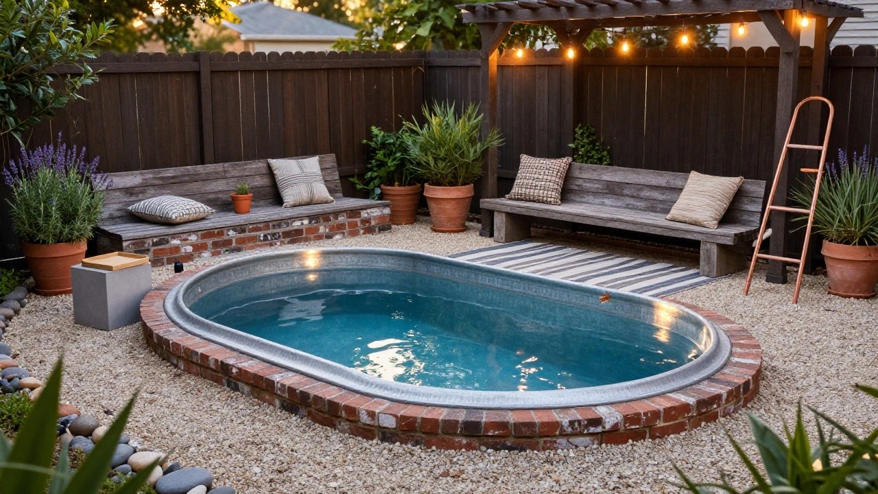 Galvanized stock tank pool with blue liner partially sunk into ground with brick edging, surrounded by gravel, potted plants, wooden bench, copper ladder, and string lights in backyard.