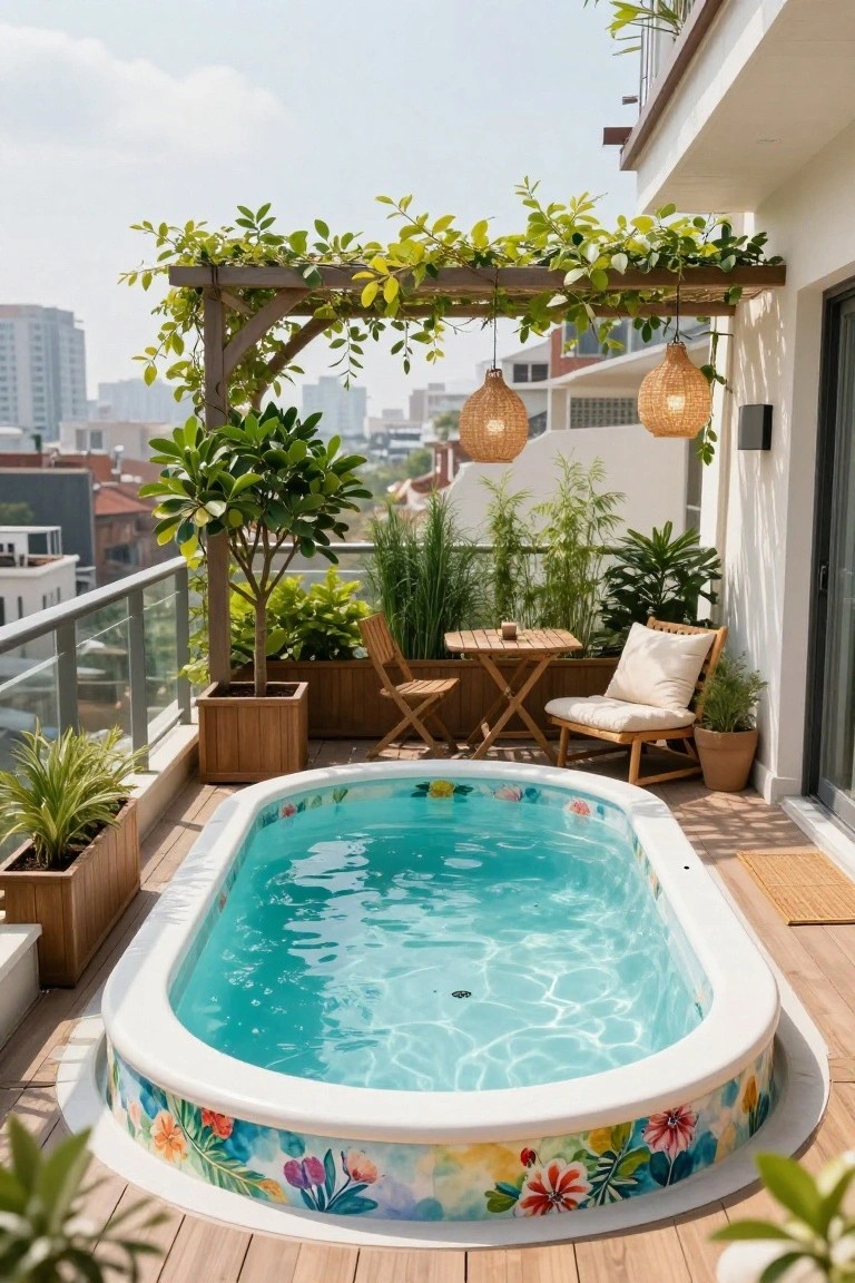 Oval stock tank pool with white rim featuring colorful hand-painted floral tile designs sits on a wooden rooftop balcony surrounded by potted plants, a pergola, hanging lanterns, and a small bistro table with chairs against a city skyline backdrop.