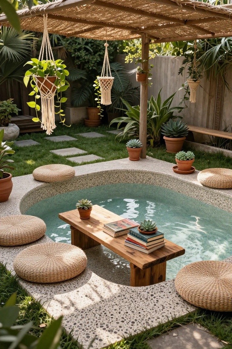 Oval turquoise pool with pebble mosaic liner and wooden table inside, surrounded by rattan floor cushions on a speckled concrete patio amid tropical plants and macrame hangers under a thatched pergola.