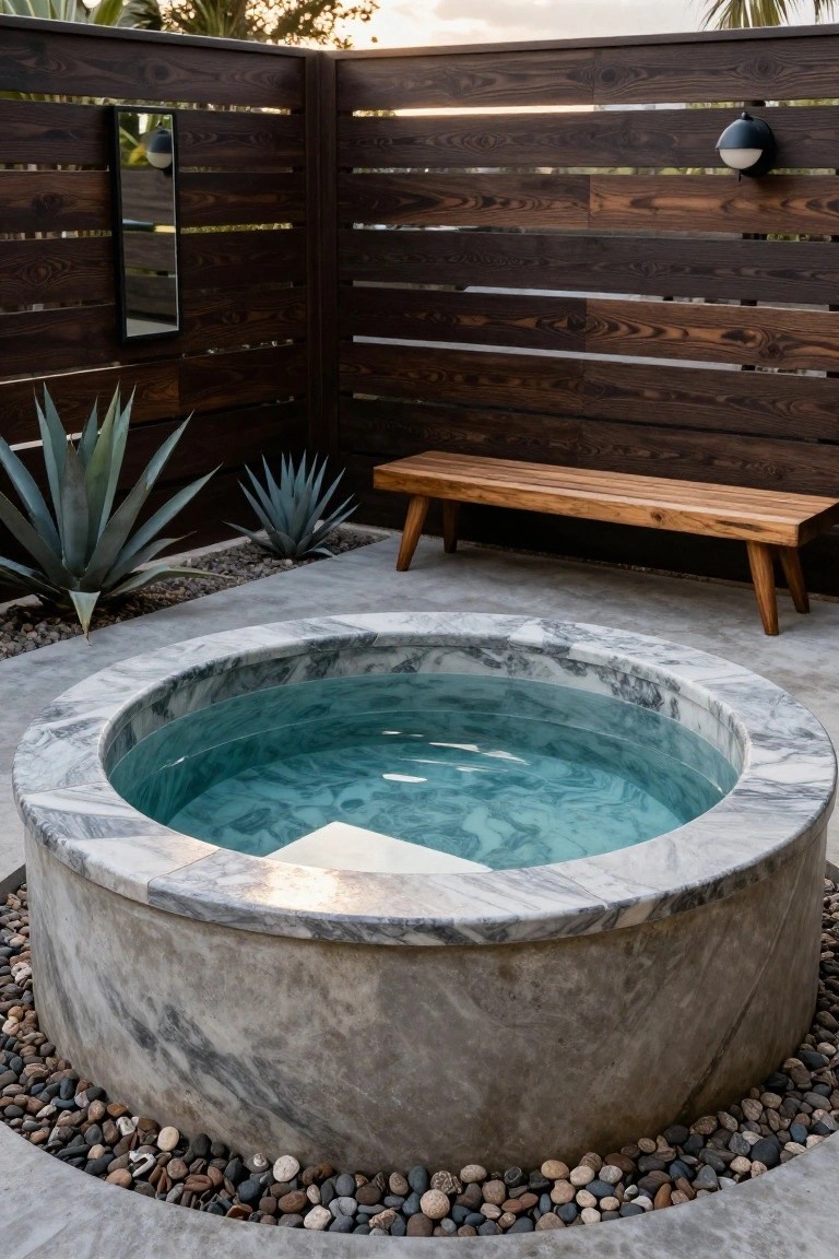 Circular above-ground hot tub with gray marble rim and turquoise water in an outdoor concrete patio, surrounded by agave plants, wooden slat fence, teak bench, and pebble mulch.